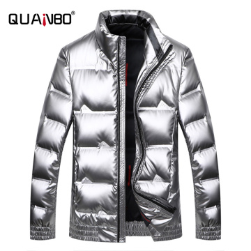 QUANBO Silver Shiny Men's Winter Coat Fashion Stand Collar Warm Thicken White Duck Down Short White Puffer Jacket Men Parka