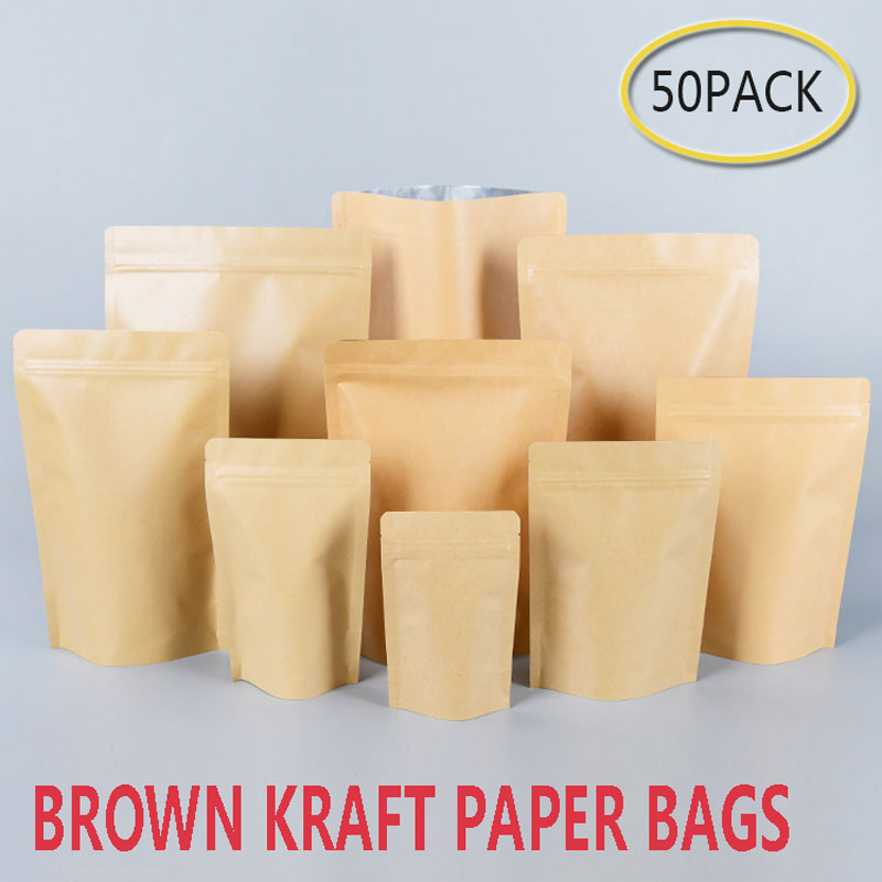 50Pcs Brown Kraft Paper Bags Stand-Up Heat Sealable Reseal able Zip Pouch Food Coffee Storage Packaging Bags Baking Addict