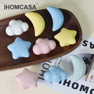 IHOMCASA Ceramic Clouds stars moon hook and handle children's room knobs furniture dresser drawer knob wall cabinet door handles