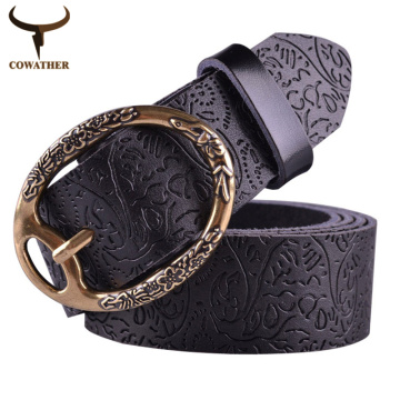 COWATHER Summer high quality cow women embossing leather belts for women strap female pin buckle free shipping cintos feminios