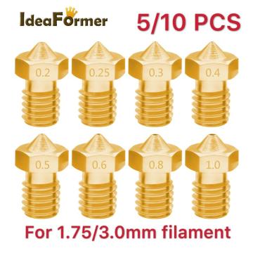 5/10pcs 3D Printer V6 M6 Threaded brass Nozzle 0.2/0.25 0.3/0.4/0.5/0.6/1.0mm for 1.75/3.0mm filament E3D V5 V6 Hotend Extruder
