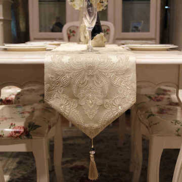 European Embroidered Floral Table Runner Luxury Modern Rice White Table Flag Decor for Dining Table Shoe Cabinet with Tassels