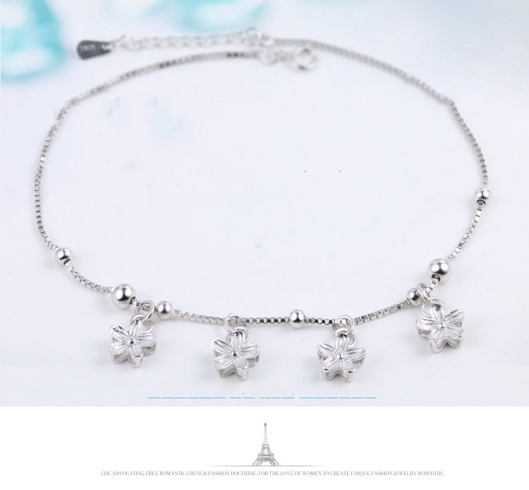 FUN-BEAUTY S925 Sterling Silver Women's Anklet Korean Fashion Small Fresh Cherry Blossom Anklet Wild Simple Round Bead Box Chain