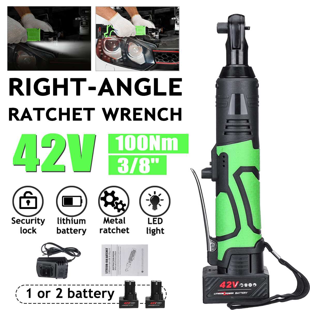 100N.m Electric Wrench 3/8" Cordless Ratchet 42V Rechargeable Scaffolding Right Angle Wrench Tool with 1/2 Battery Charger Kit