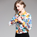 H Han Queen Flower Work Blusa Turn-down Collar Vintage Print Tops New Elegant Chiffon Women Blouses Long Sleeve Casual Shirts