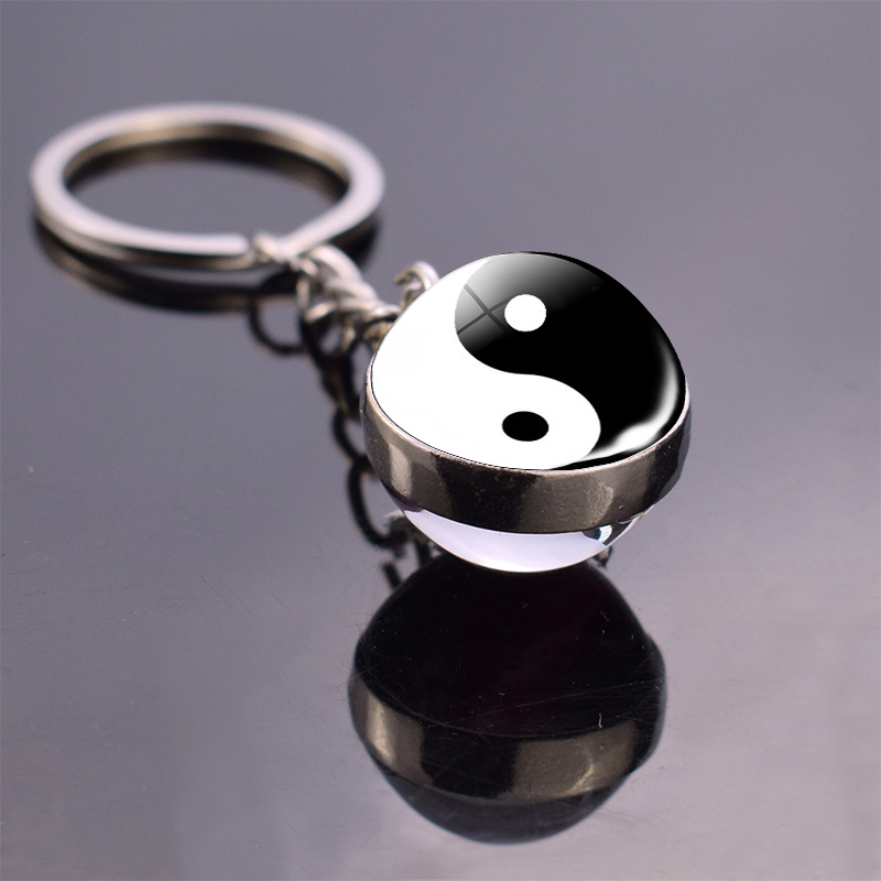 Black and White Yinyang Taichi Symbols Key Chain Jewelry Yin Yang Life Tree Glass Ball Pendant Keychains Gifts for Women