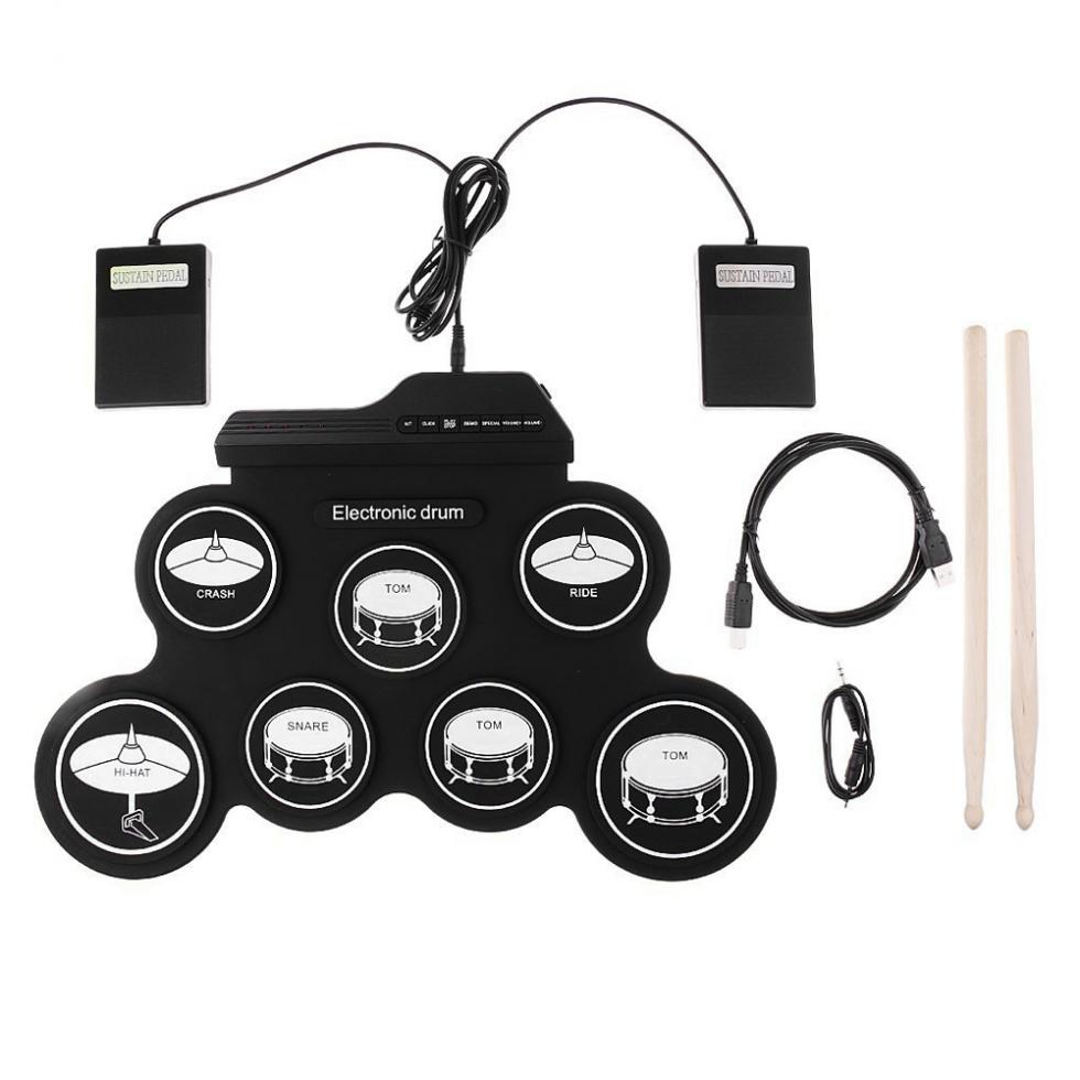 SLADE Portable Electronic Digital USB 7 Pads Roll up Set Silicone Electric Drum Kit with Drumsticks and Sustain Pedal