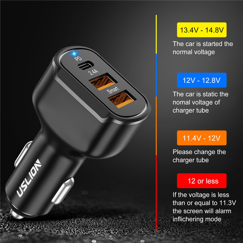 USLION PD 20W 3 USB Car Charger Quick Charge QC4.0 Universal Mobile Phone PD Type C Fast Charging For iPhone 11 Xiaomi Samsung