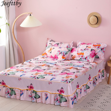 Color Butterfly Decoration Non-slip Bed Skirt Bedding Set 3pcs Large Bed Linen Bed Cover Pillowcase Home Textile Bed Sheet Set