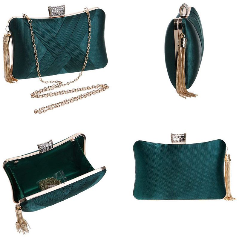 Women's Evening Clutches Bags Silk Satin Party Handbags Bridal Wedding Prom Purses with Tassel Pendant,Dark Green