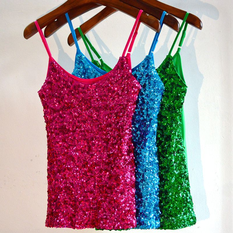 Women Tank Top Sequin Glitter Strappy Tank Tops Ladies Sexy Party Outfits Vest Clubwear Night Tanks Shirt