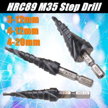 Drillpro HRC89 HSS-Co M35 Cobalt Step Drill Bit 3-12/4-12/4-20mm TiAlN Coated Step Drill 1/4 Inch Hex Shank Woodworking Bits