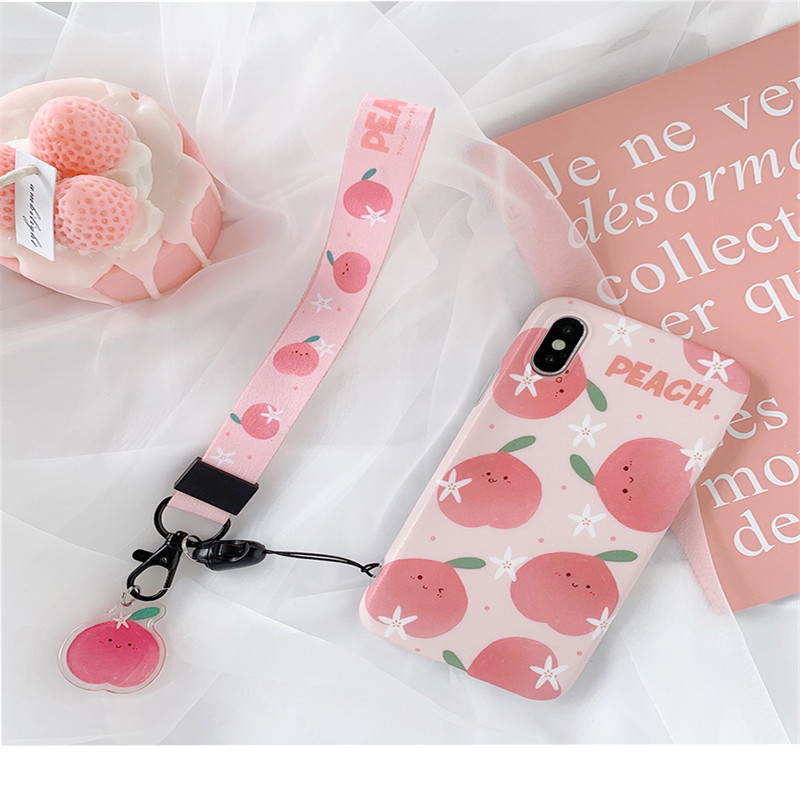 Peach mobile phone lanyard Fresh Fruit keychain luxury widened cloth lanyard neck strap pendant For Samsung Huawei wrist rope