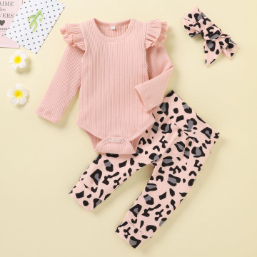 (0-12M)Baby winter suit new warm flying sleeve solid color pit striped top + leopard print pants + headband suit детские вещи 50