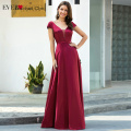 Burgundy Prom Dresses Ever Pretty EP00651BD A-Line Ruched Double V-Neck Cap Sleeve Elegant Satin Party Gowns Vestido Longo 2020
