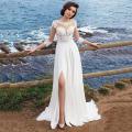 A-Line Long Wedding Dresses Quarter Sleeves Chiffon Long Split Side Sexy Beach Bridal Gowns 2020 Vestidos De Marriage Sheer Lace