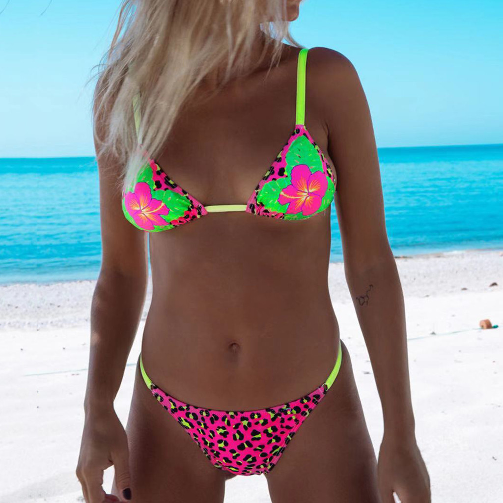 Women's Sexy Bikini Swimsuit Ladies Leopard Print Fluorescent Color Split Bikini Beachwear Push-up Swimwear Swimwear#50