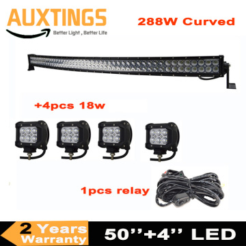 50inch 288W Curved LED Light Bar+4pcs 18w spot led for Driving Boat Car Truck 4x4 SUV ATV OffRoad Fog Lamp with relay harness