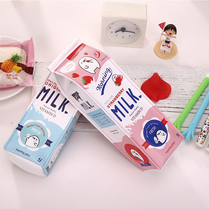 Fresh Milk Box Pencil Bag PU Leather Big Pen Case for Student Cute Panda Strawberry Banana Stationery Office School A6454