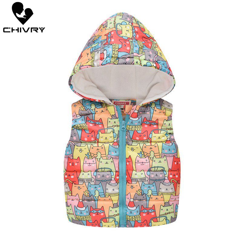 2019 Autumn Winter New Boys Girls Sleeveless Hooded Wool Vest Jacket Cartoon Print Coat Kids Warm Cashmere Vest Outwear Clothes