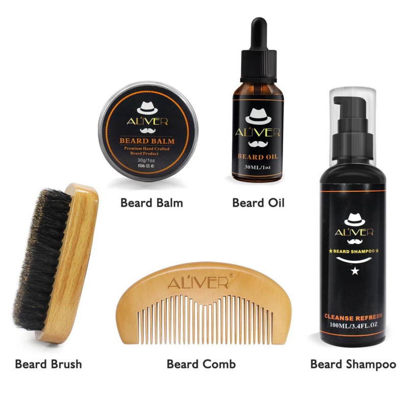 ALIVER Men Moustache Cream Beard Oil Shampoo Kit Set With Moustache Comb Brush Storage Bag For Gentleman New Arrival