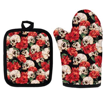 Floral Skull Print Oven Mitts Non-slip Heat Resistant Potholders Punk Style Kitchen Baking Gloves Microwave Oven Gloves Bakeware