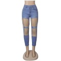 Cutubly Sexy Blue Jeans for Women Diamonds Tassel Ripped Jeans for Women Hollow Out Trousers Foot Cut Pencil Pants Casual 2020