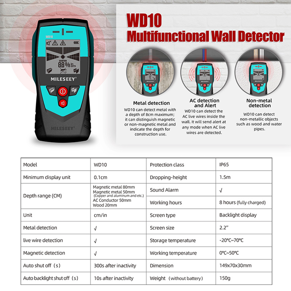 Mileseey 2.2-inch Stud Finder Wall Scanner Wire Detector Wall Detector AC Detection Metal/Non-metal Detect Dual Indicator