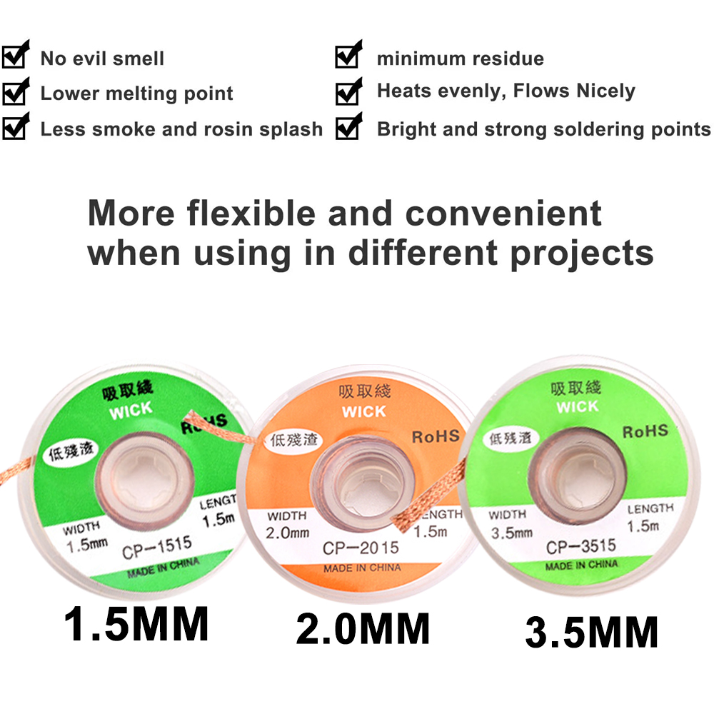 Width 1.5mm 2mm 3.5mm Length 1.5M Desoldering Braid Welding Solder Remover Copper Wick Wire Lead Cord Flux BGA Repair Tool