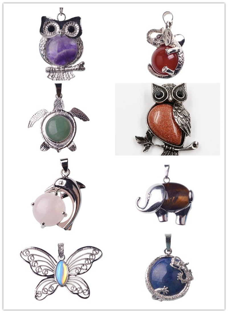 12pcs Assorted Antique Silver Mixed Style Charms Gemstone Pendants Turtle Owl Animals Shape Healing Chakra Beads Crystal