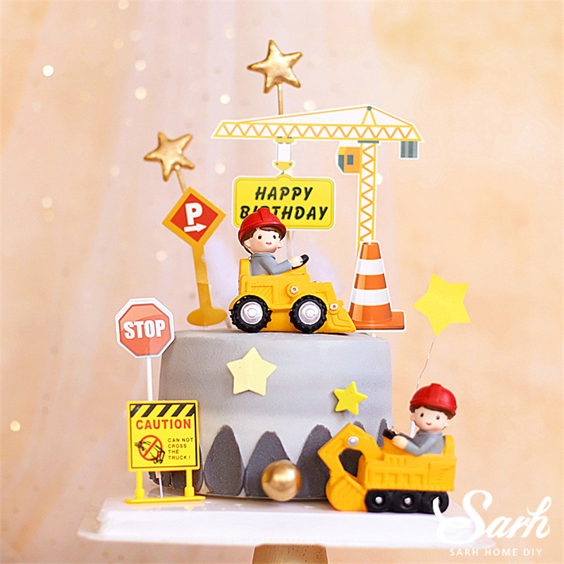 Engineering Construction Vehicle Decoration Traffic Sign Star Cake Topper for Birthday Party Baby Shower Baking Supplies Gifts