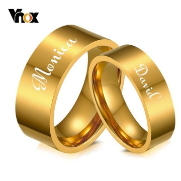 Vnox Free Engraving Name Date Wedding Bands for His and Her Gold Color Stainless Steel Alliance Anel Women Man Love Gift