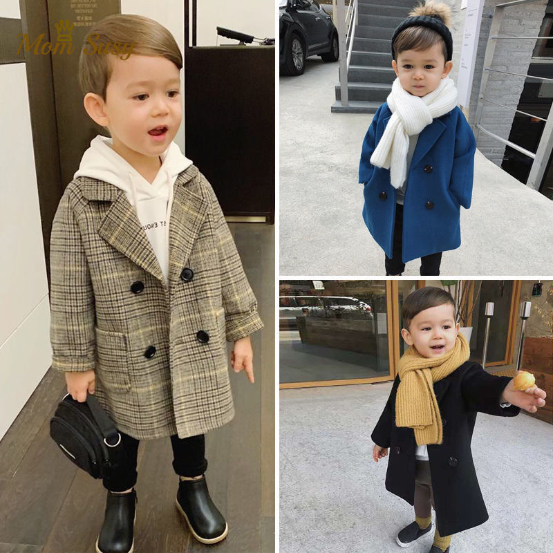 Baby Boy Girls Woolen Jacket Long Double Breasted Warm Infant Toddle Lapel Tweed Coat Spring Autumn Winter Baby Outwear Clothes