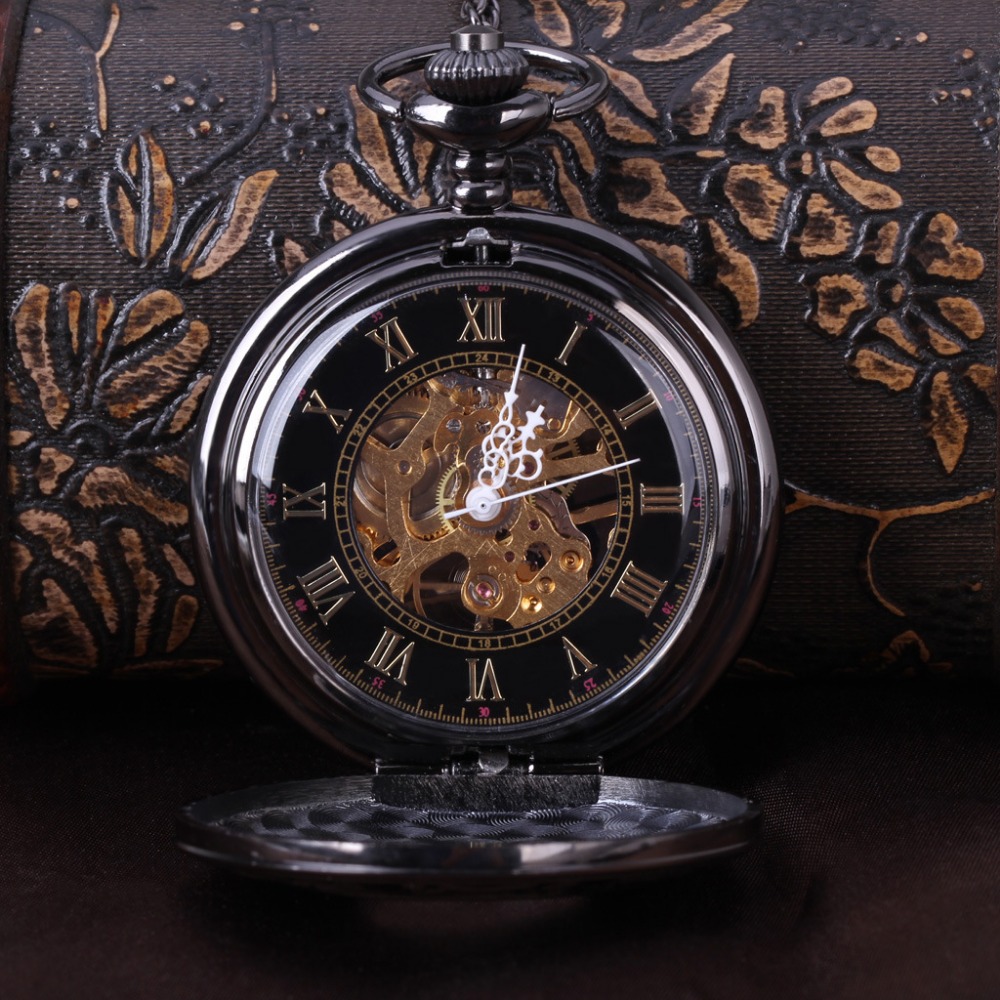 8919 Classic black steampunk skeleton mechanical pocket watch men's antique luxury pocket watch chain men's clock