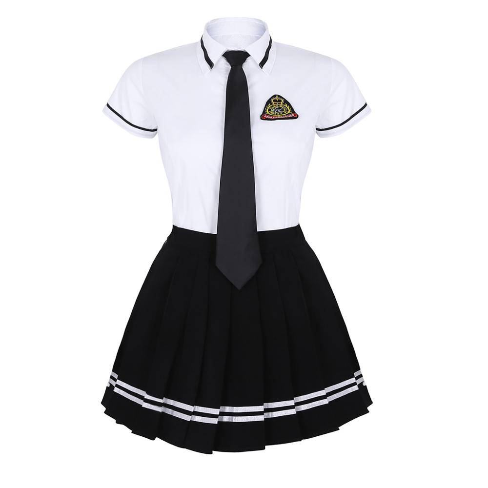 Women's Girls School Uniform Suit Short Sleeve T-shirt Top School Skirts with Badge and Tie Set High School Cosplay Clothing