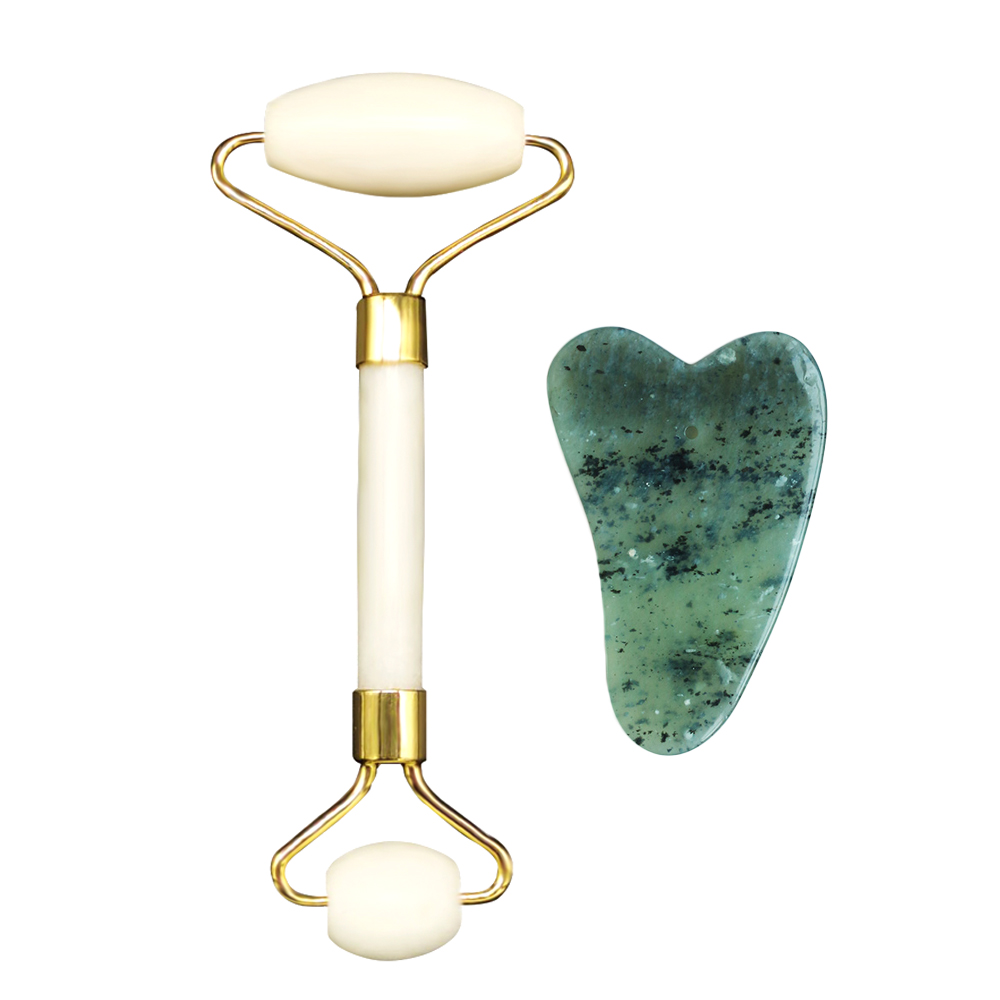 2 in 1 Natural Jade Stone Roller and Guasha Scraper Face Lifting Massager Body Skin Scraping Gua Sha Board Facial Massage Tool