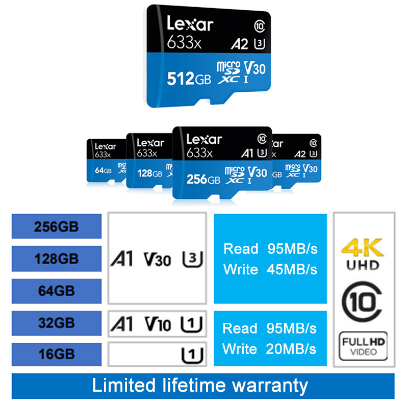 Lexar Micro SD Card 128GB 633x 256GB Memory Card 512G High Speed up to Max 95M/s 64GB Class10 TF Card 32GB Flash Card for tablet