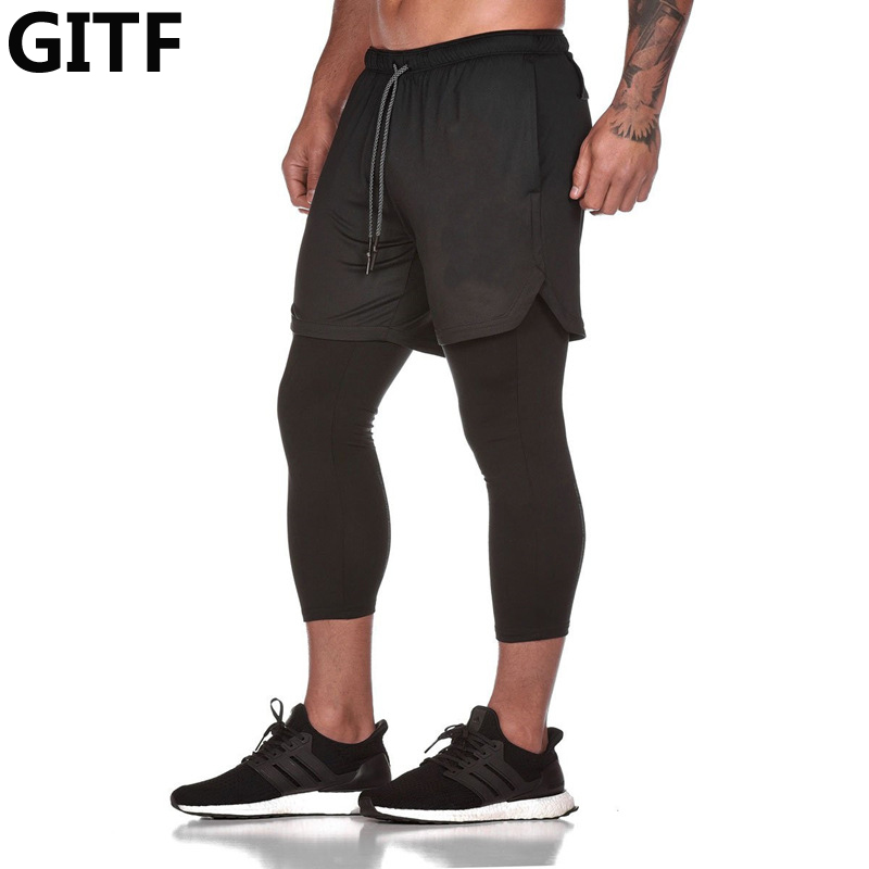 2019 New Sporting Pants Men Elastic Breathable Two Piece Running Training Pants Gyms Ankle-Length Pants Quick-drying Men Pants