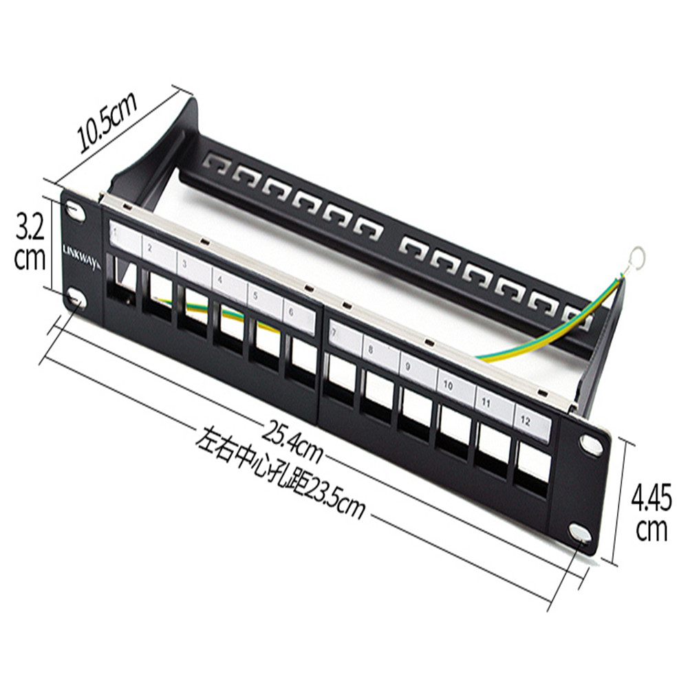 12 Port CAT6A Patch Panel 10G RJ45 Network Cable 10in 1U Cabinet Rack Adapter Keystone Jack Modular Distribution Frame