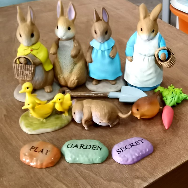 13pcs Beatrix Potter Peter Pets Garden Decoration Figure 6-10cm Peter Bird Hamster Stones Carrot Gardening Toys