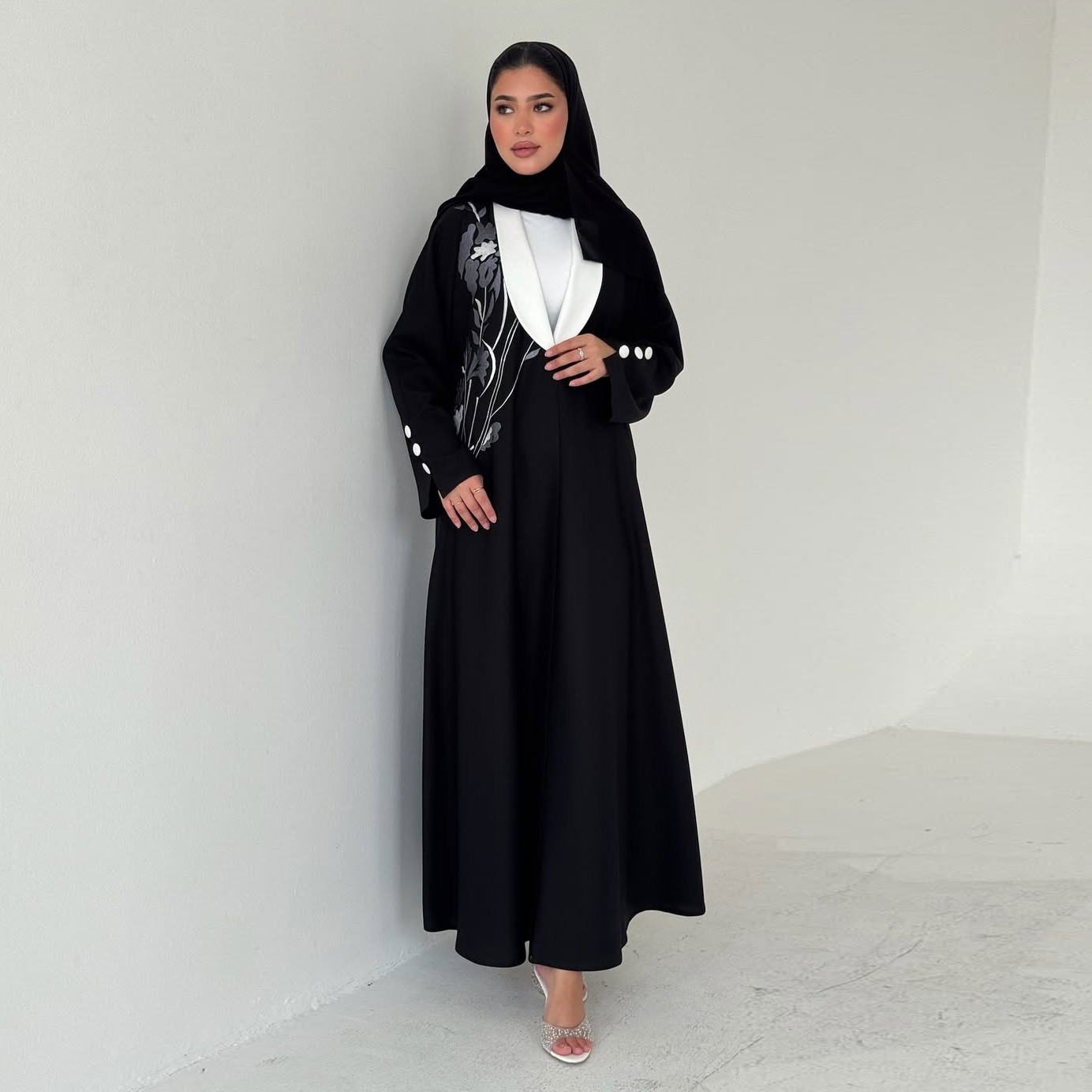 Black Embroidered Open Abaya Dress Detail