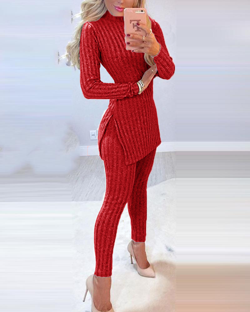 Winter Warm Solid Long Sleeve Slit Knitted Sweater With Skinny Long Pants Suit Women's Elegant 2 Piece Outfits Sets Leotard