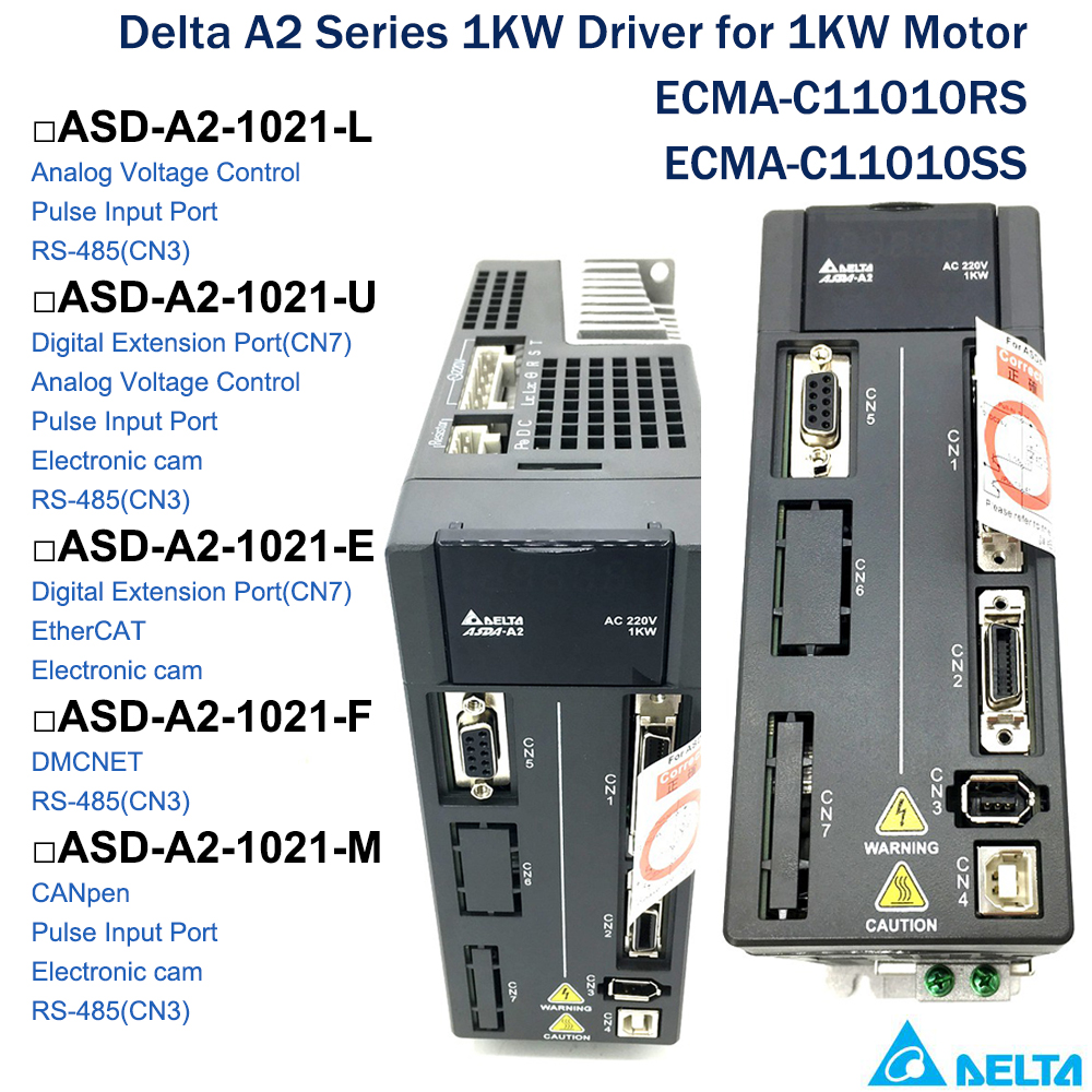 Delta A2 Series Servo ASDA Driver 1KW ASD-A2-1021-L/U/E/F/M 20-bit 220V Incremental encoder RS-485 DMCNET CANopen E-cam EtherCAT