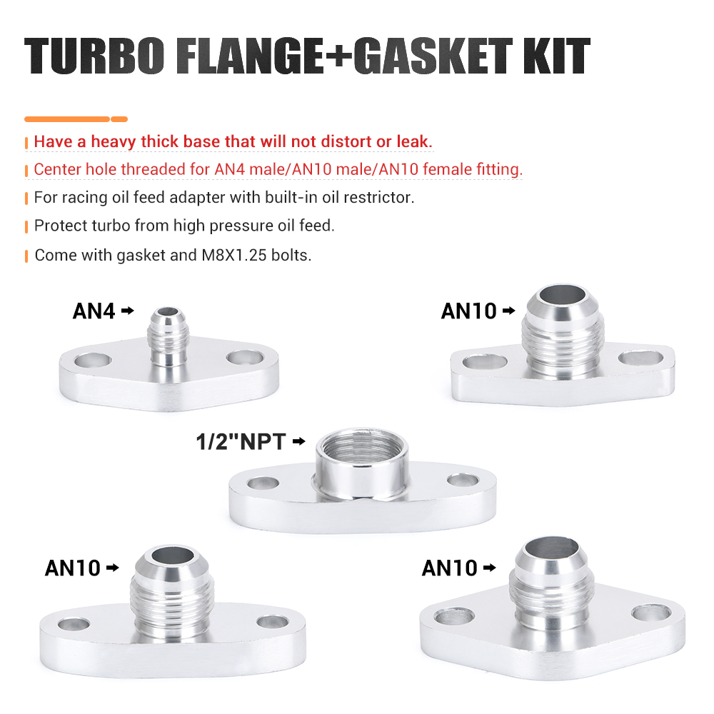 Free Shipping AN4/AN10 1/2NPT Female/MaleTurbo Oil Drain Flange Adapter Kit For T25 T28 T30T3/T4 GT28-GT55 1JZ 2JZ GTE