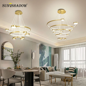 Black&Gold Modern Led Pendant Light Circle 4 Rings Chandelier Pendant Lamp for Dining Room Kitchen Living Room Indoor Lighting