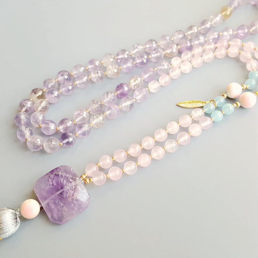 Lii Ji Nautral Faceted Ametrine Rose Quartz Aquamarine Conch Shell Tassel Bohemia Long Handmade Necklace Necklace