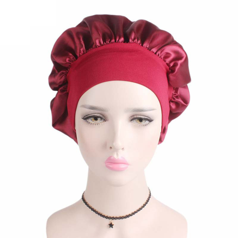 Adjust Women Satin Bonnet Cap Night Sleep Hair Head Cover Wide Band Elastic Hat Nightcap Head Wrap Shower Cap Hair Styling Tool