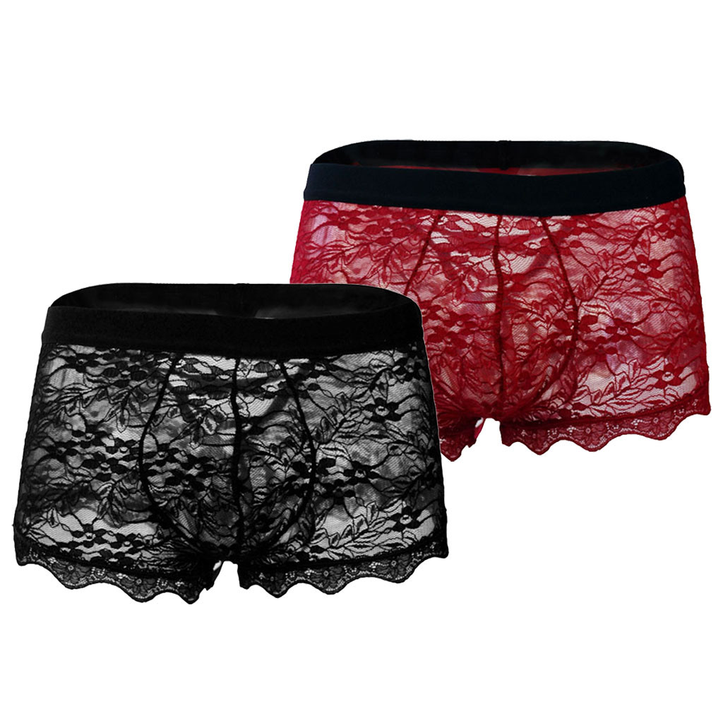 Men's Sexy Underwear Lace Transparent Mesh Low Waist Boyshort Thong Seamless Hollow Out Briefs Panties Mens lingerie