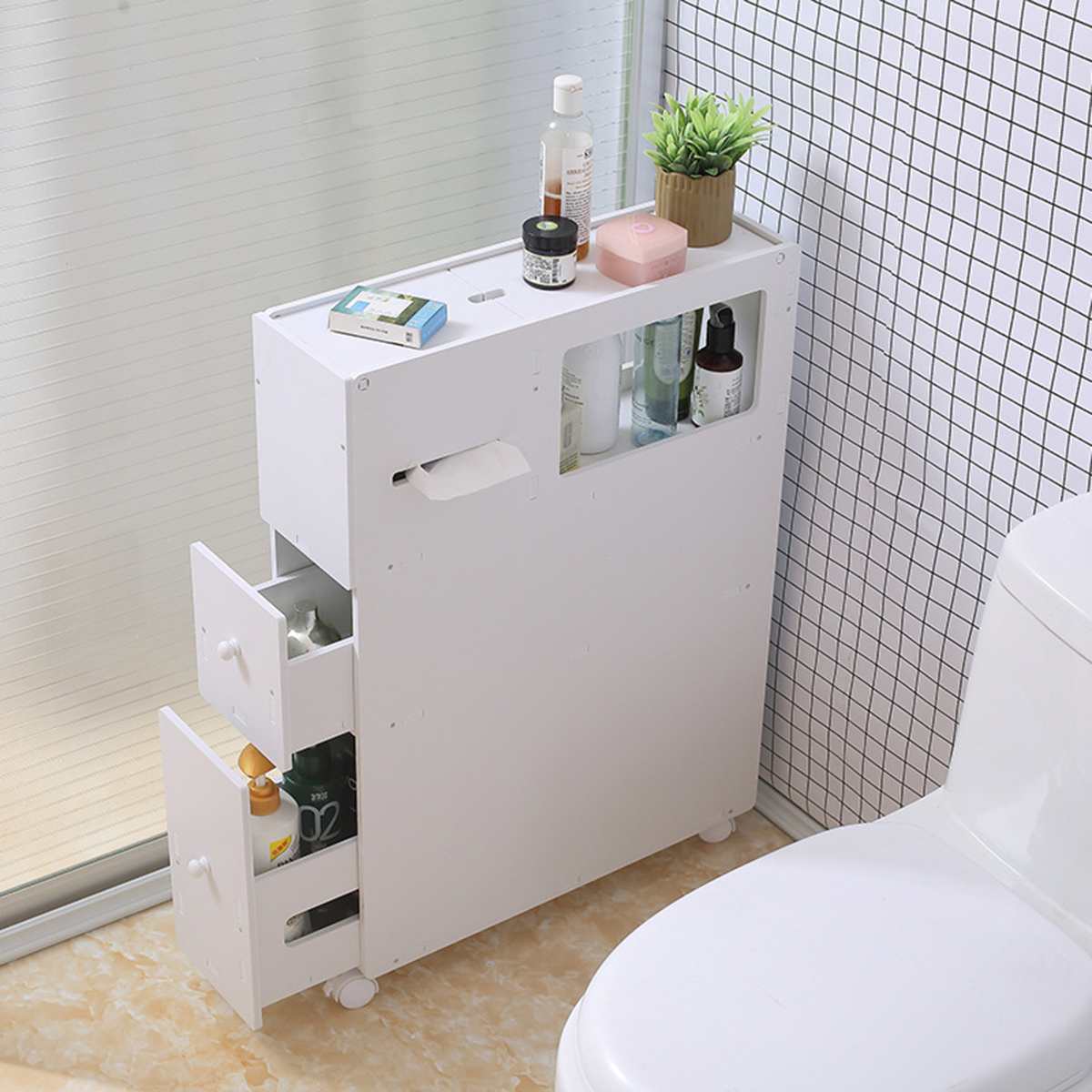 Bathroom Vanity Floor Standing Bathroom Storage Cabinet Washbasin Shower Corner Shelf Plants Sundries Slide Out Storage Racks