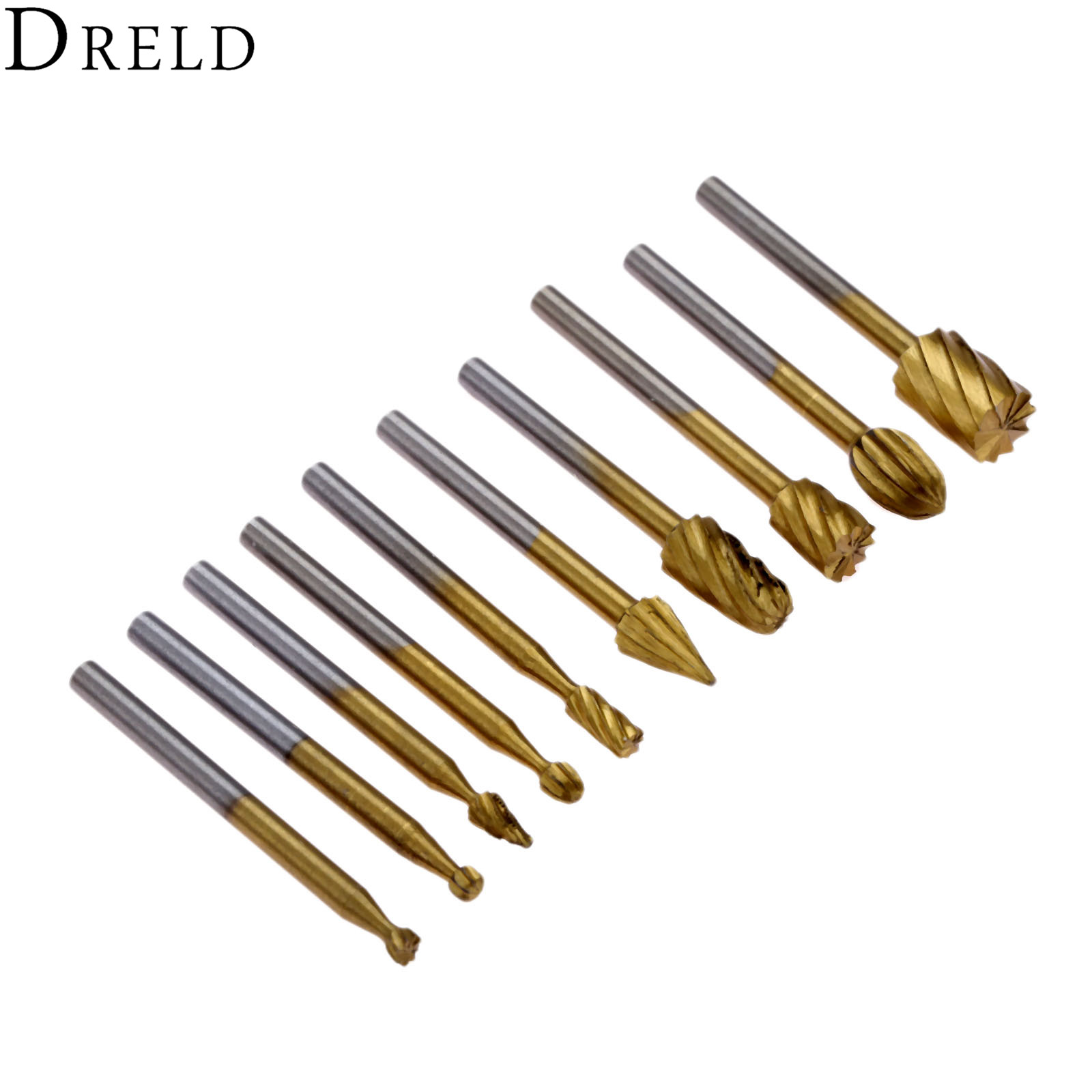 DRELD 10pcs HSS Wood Router Bits Burr File Grinding Engraving Milling Cutter For Dremel Rotary Tool 3mm Shank Woodwoking Tools